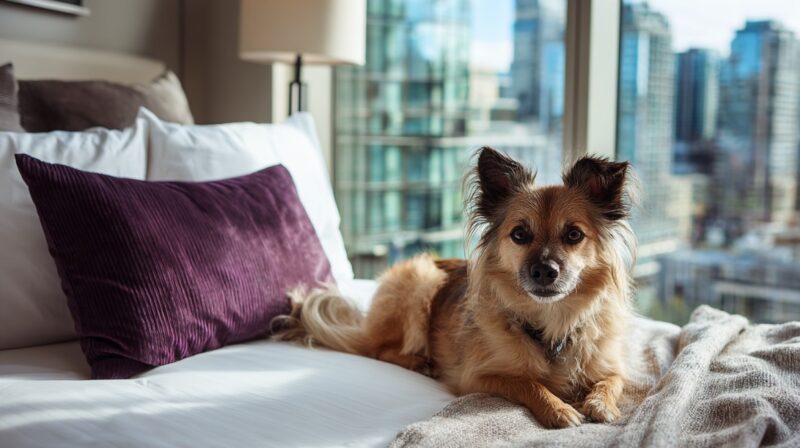 Small dog relaxing on a bed in a modern hotel room with city views