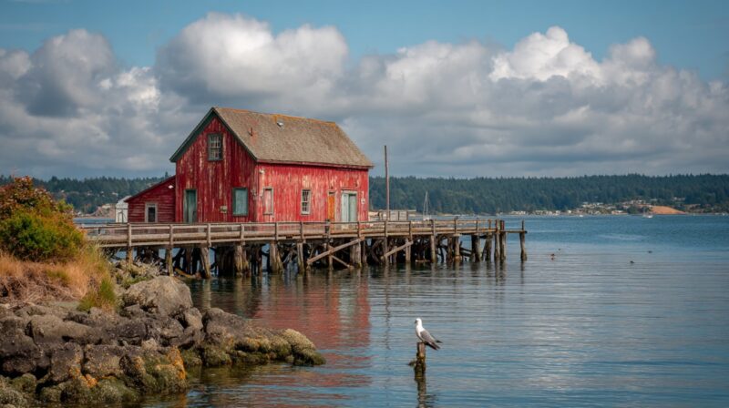 Red wooden wharf building on stilts over the water in Coupeville, Washington, with a seagull perched in the foreground