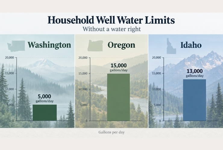 Bar chart comparing daily household well water limits in Washington, Oregon, and Idaho.