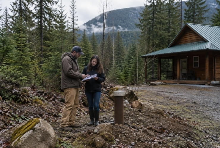 Property owners reviewing well documentation beside a private water well near a woodland cabin.