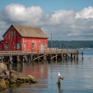Red wooden wharf building on stilts over the water in Coupeville, Washington, with a seagull perched in the foreground